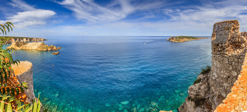 The archipelago of Tremiti Island: view of San Domino,  Cretaccio and Capraia islet from the nearby San Nicola island. The archipelago is located in Gargano National Park (Apulia) Italy.