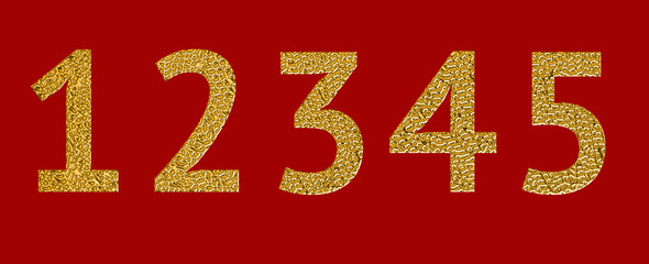 Alphabet based on the free font PT SANS containing letters, numbers, symbols and punctuation marks, painted in gold and having the texture of a coral branch. Numerals 1, 2, 3, 4, 5