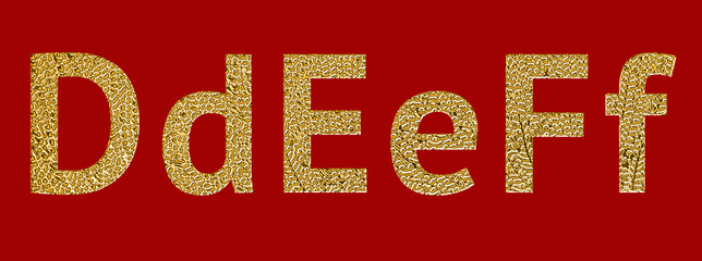 Alphabet based on the free font PT SANS containing letters, numbers, symbols and punctuation marks, painted in gold and having the texture of a coral branch. Letters D, E, F