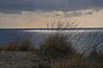 Romantische Abendstimmung am Mittelmeer mit Sonnereflektion auf dem Wasser und Grasbüscheln im...