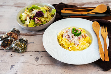 tasty Carbonara pasta on the table