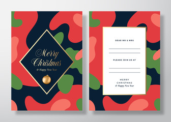 Christmas Camo Frame Abstract Vector invitation Card, Poster or Background. Back and Front Design Layout with Classy Typography and Abstract Colorful Shapes. Realistic Toy Ball Holiday Invitation