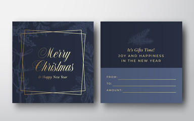 Merry Christmas Abstract Vector Greeting Gift Card Background. Back and Front Design Layout with Modern Typography. Soft Shadows and Sketch Pine Twigs, Holly and Mistletoe.
