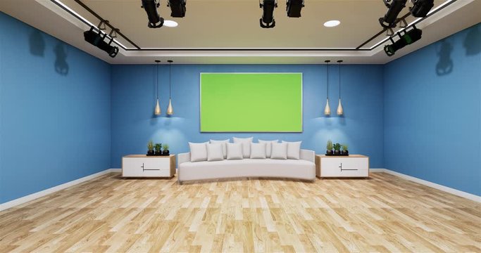 News studio blue room design Backdrop for TV shows.3D rendering