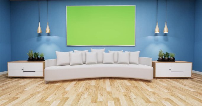 Living Room with whiteboard on wall room color blue.3D rednering