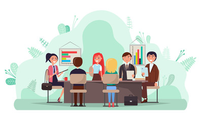 Business conference vector, people sitting by table discussing project problems. Workers finding solution, brainstorming man and woman with charts