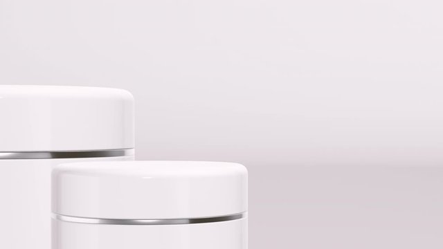 body cream jars coming from the bottom of the screen, white background, copy space (3d render)