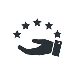 flat vector image on a white background, hand icon and five black stars above it, high rating