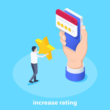 isometric vector image on a blue background, a male hand holds a smartphone with an open browser window and a man with a star, rating online