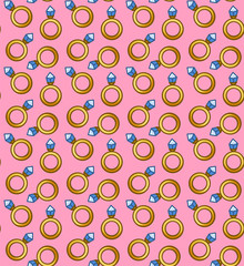 Rings with blue diamonds seamless pattern on pink background