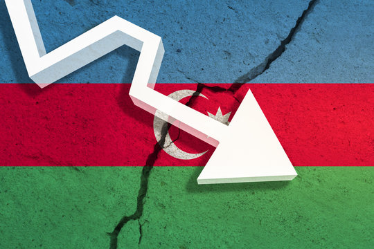 Azerbaijan Flag on the cracked wall with arrow falling down. Concept of decrease in the country. 3D Illustration