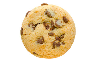 Cookie with chocolate chips isolated on white background. Pastry close-up. Christmas, holiday sweets. Food for breakfast