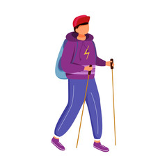 Teenager boy with hiking sticks flat vector illustration. Camping activity. Cheap travelling choice. Active vacation. Budget tourism. Walking tour isolated cartoon character on white background