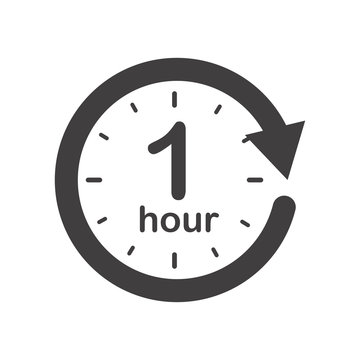 One hour round icon with arrow. Black and white vector symbol.