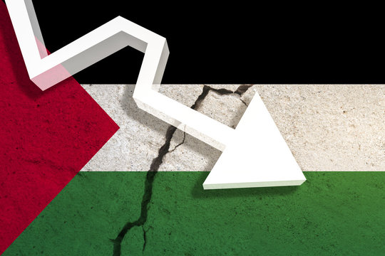 Palestine Flag on the cracked wall with arrow falling down. Concept of decrease in the country. 3D Illustration