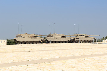 Fototapeta na wymiar Three different generations of Merkava tanks at the Yad La-Shiryon Armored Corps Memorial Site and Museum at Latrun, Israel