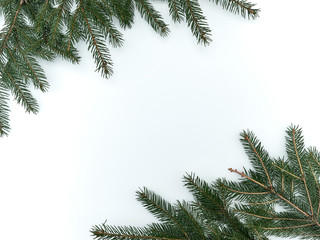 Fir branches and Christmas decorations lie on a white background