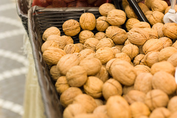 Fresh walnuts in the store. Concept of healthy food, bio, vegetarian, diet.