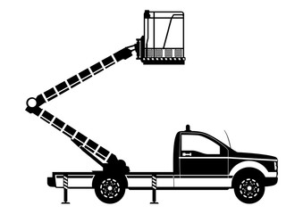 Aerial work platform. Boom lift silhouette. Side view. Flat vector.