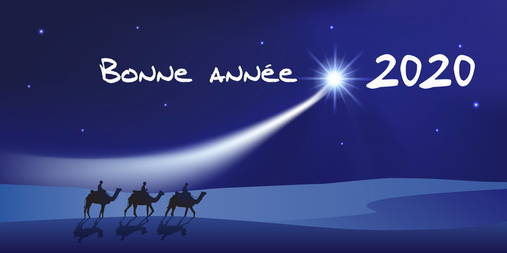 Carte de vœux 2020 montrant les trois rois mage à dos de dromadaire se dirigeant vers Bethléem avec des cadeaux pour célébrer la naissance de Jésus Christ.