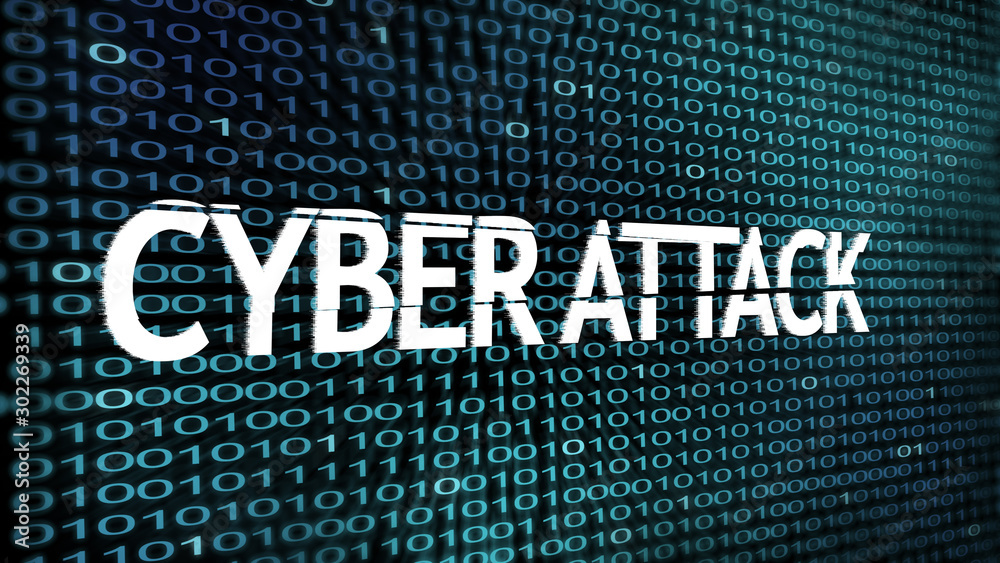 Poster Cyber Attack inscription over 3d blue binary code digits stream