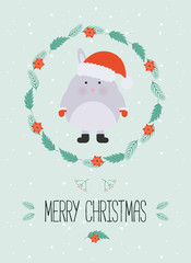 Cute christmas woodland character. Merry christmas card with cute rabbit in winter clothes. New Year greeting cards. Hand drawn lettering. Christmas wreath.