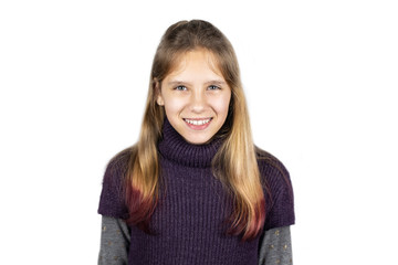 The young girl is sincerely smiling on a white background, the girl has a beautiful smile and drawn hair tips because she wants to look fashionable