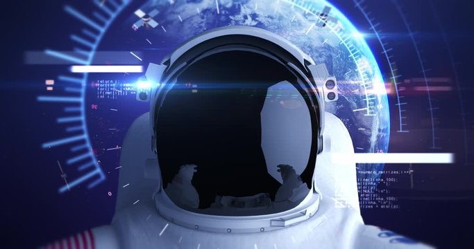 Astronaut Flying In Space With Advanced Hud Helmet. Planet Earth Is Orbiting On Background. Technology Related 4K CG Animation. 