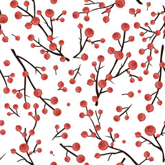 Winter berry braches background. Seamless Christmas pattern, vector illustration