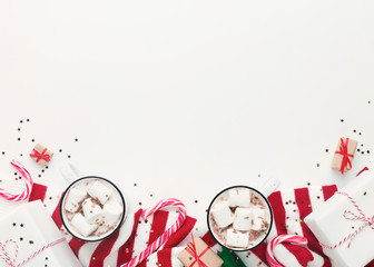 Mugs with hot chocolate or cocoa and marshmallows