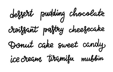Fototapeta na wymiar Calligraphic sweets names set. Trendy line lettering if ice cream, cream, chocolate and cheesecake. Menu, Birthday present. Valentines day.