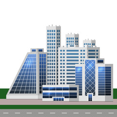 Urban landscape with big modern buildings. Smart city, business center, skyscraper houses. For cityscape background, concept or metropolis scene. Flat style. Vector illustration