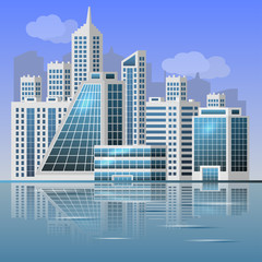 Urban landscape background. Modern city center on the riverside. Business office buildings, houses. Cityscape skyline concept. Flat style, vector illustration