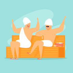 Men are sitting in a sauna. Flat design vector illustration.
