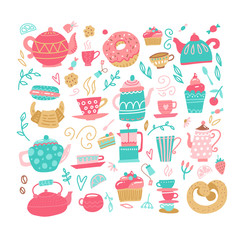 Love tea set with tea drinking elements- teacup, sweeties, candy, cake, teaspoon, teapot, teabag. Vector hand drawn color FLAT illustration made in cartoon style.