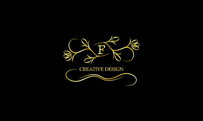 Modern logo template with floral elegant lines and letter F. Monogram design elements, business identity sign for restaurant, royalty, boutique, cafe, hotel. Vector illustration