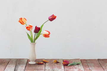tulips in vase on white old background