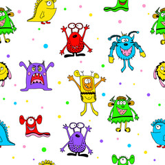 Seamless pattern with cute funny monsters. Kids backgroud for textile, wallpapers and paper.