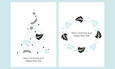 Merry Christmas greeting text branch circle isolated background, Christmas tree