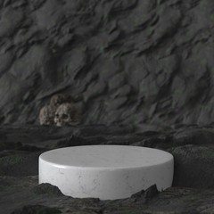 White marble product stand in ancient cave with sculls. Pedestal. Empty Platform.
