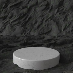 White marble product stand in ancient cave. Pedestal. Empty Platform.