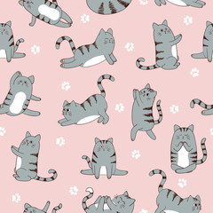 Seamless pattern with cute cartoon cats exercising seamless pattern. Vector fitness background.