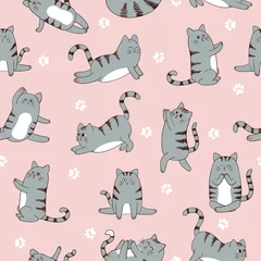 Plaid avec motif Chats Modèle sans couture avec des chats de dessin animé mignon exerçant un modèle sans couture. Fond de remise en forme de vecteur.