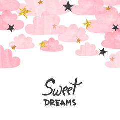 Vector pink watercolor clouds and stars background. Sweet dreams poster. Baby shower card.