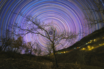 Polar star trails among the tree silhouettes that are located on Agrafa Mountains
