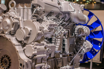 Industrial propulsion system at the plant. Engine with fan propeller for air cooling in the factory