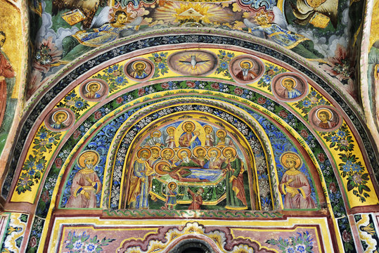 Frescoes of the Troyan Monastery (Monastery of the Dormition of the Most Holy Mother of God). It is the third largest monastery in Bulgaria and is located in the Balkan mountains. It was founded in the 16th century. The exterior murals were painted by Zahari Zograf. Bulgaria