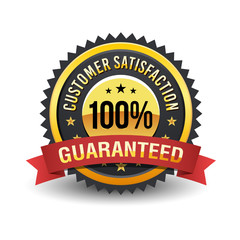 100% High quality customer satisfaction guaranteed with red ribbon on golden badge.