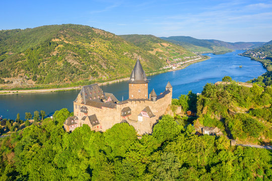 Aerial view at Stahleck castle with river Rhine at Bacharach, Rhine valley, Rhineland-Palatinate, Germany