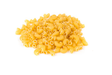 PIle of yellow dried elbow macaroni pasta shapes